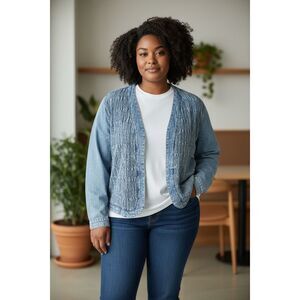 Vintage Saint German Paris Blue Denim Collarless Jacket Large Ruched Front Women